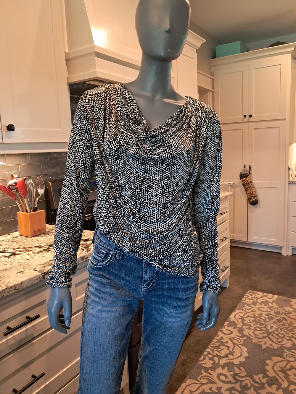 Jones New York Black and White Dotted Cowl Neck Blouse